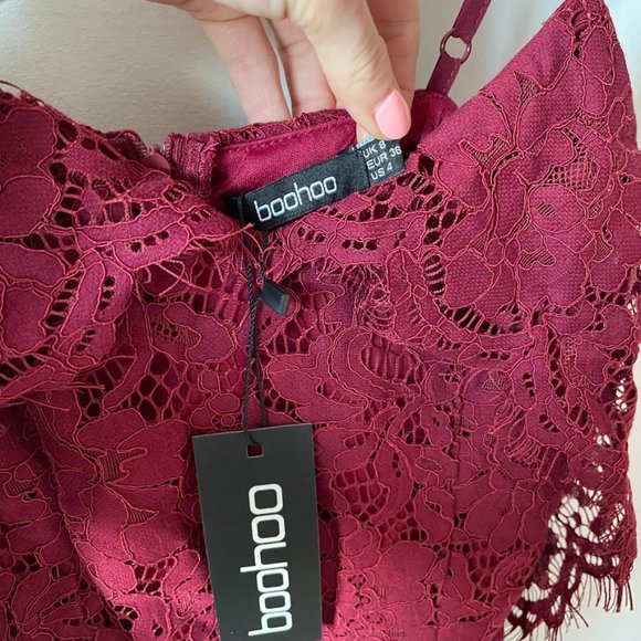 Boohoo Lace Open Shoulder Midi Dress Red Burgundy Sz 4 - Picture 9 of 11